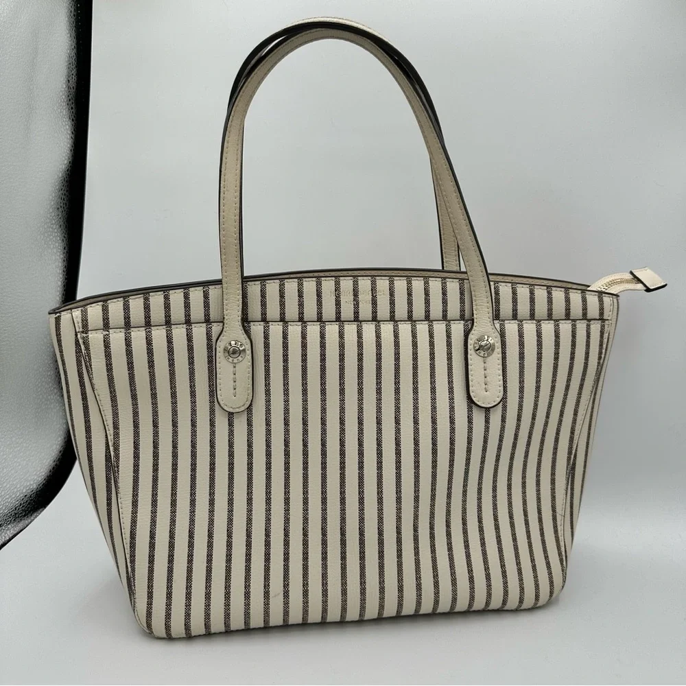 Henri Bendel West 57th Striped Domed Satchel Ivory Grey Stripe Gold Hardware